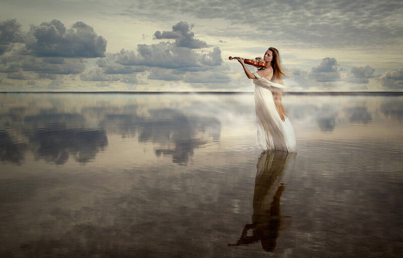 Woman Playing Violin — White, Serene, Sunset