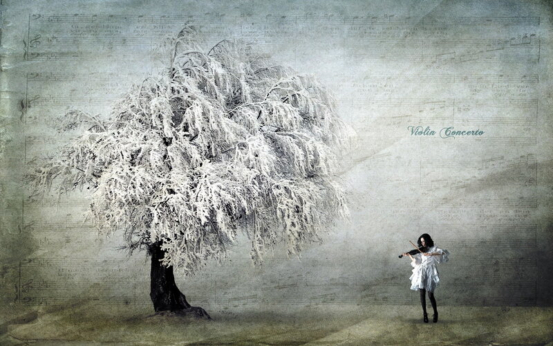 Woman Playing Violin — White, Serene, Winter