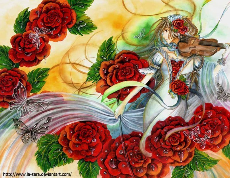 woman playing violin with roses