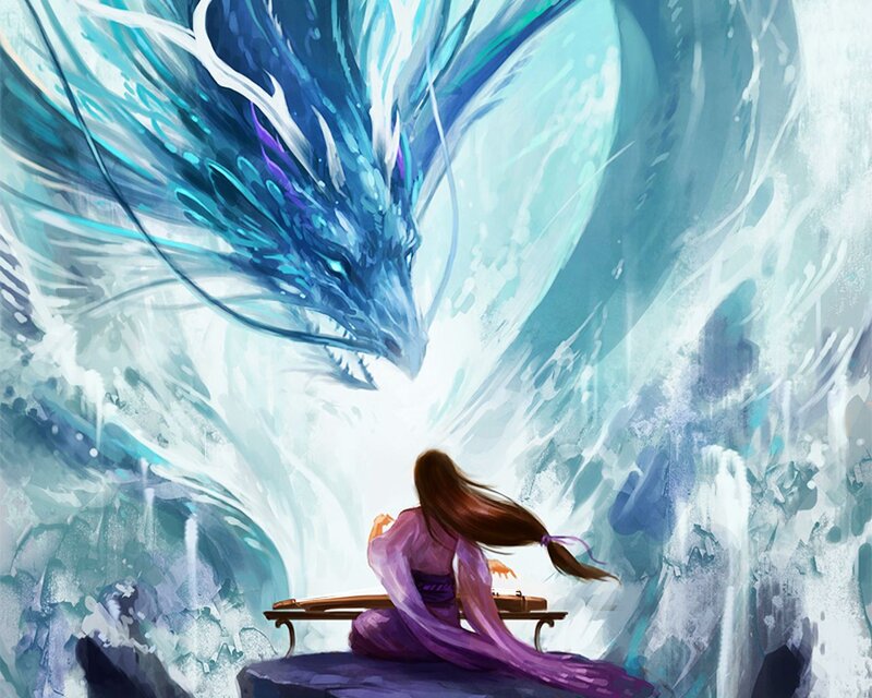 Woman Playing Zither — Blue