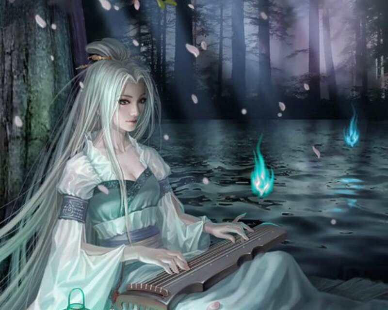 Woman Playing Zither — Green, Serene, Night