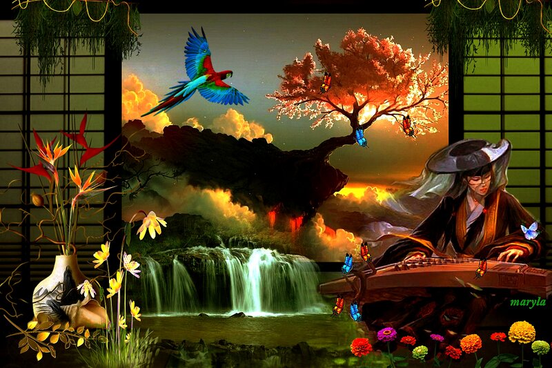 Woman Playing Zither — Green, Serene, Sunset