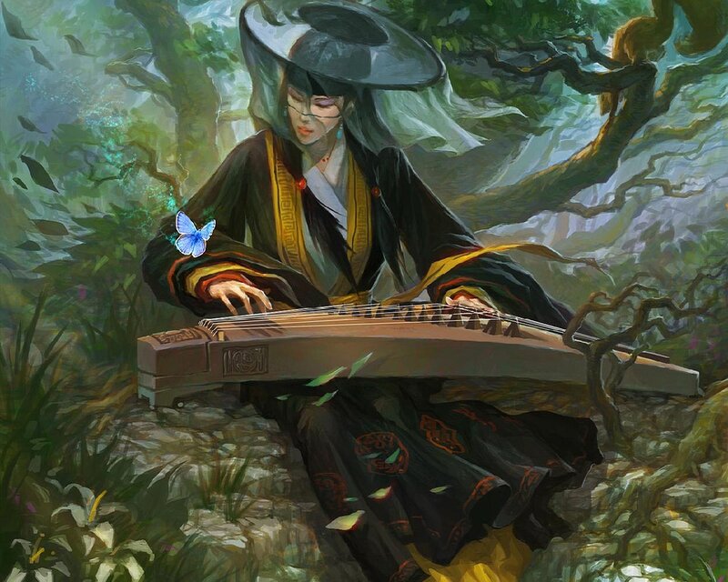 Woman Playing Zither — Green