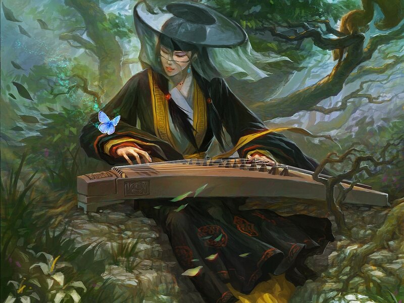 Woman playing zither in forest