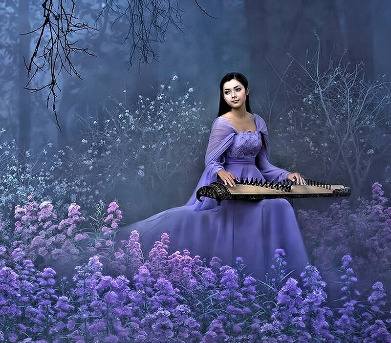 Woman Playing Zither — Purple, Serene
