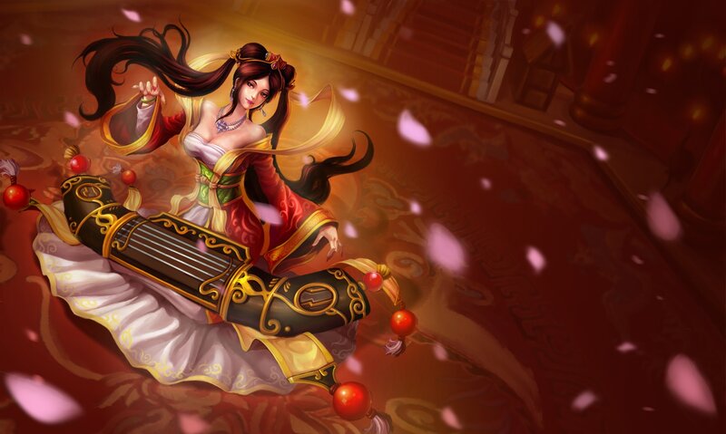 Woman Playing Zither — Red, Dramatic