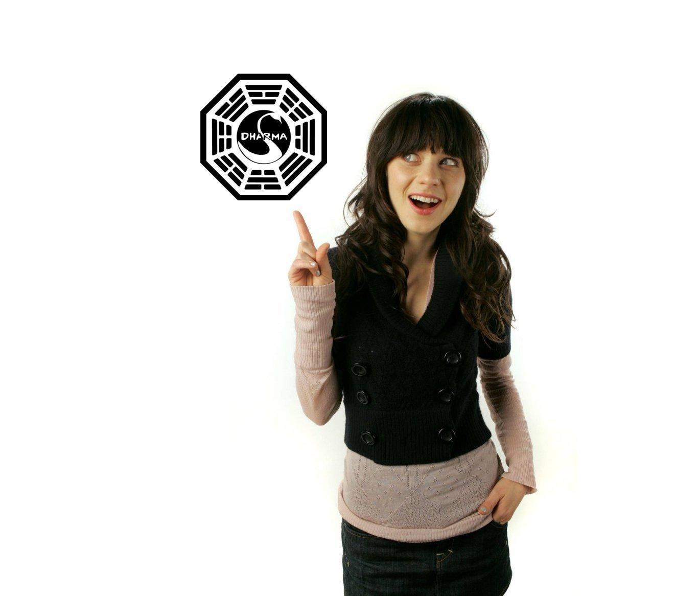 woman pointing at dharma logo
