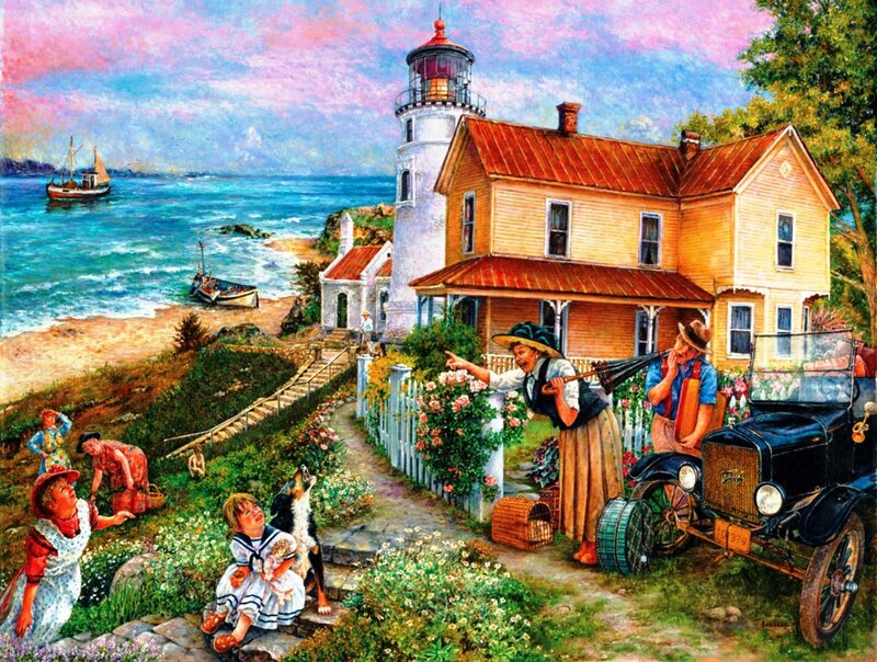 Woman Pointing at Lighthouse