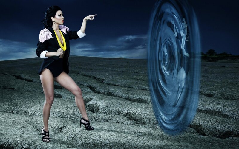 woman pointing at vortex