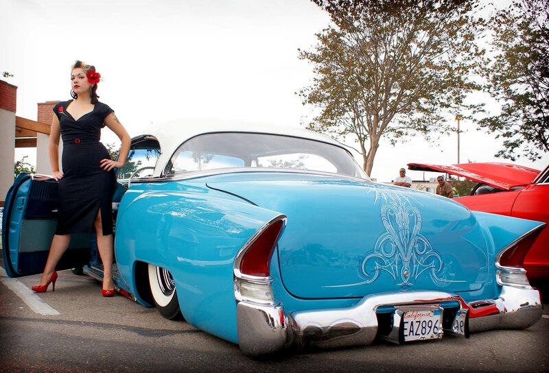 Woman Posing by Classic Car — Blue