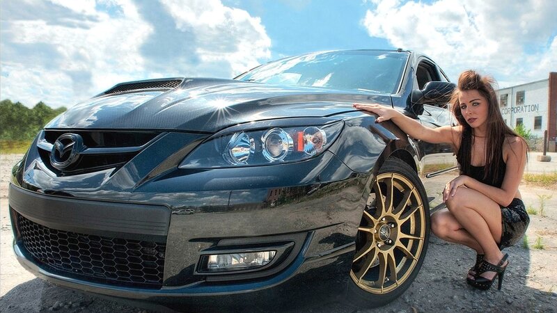 Woman Posing with Car — Black, Dramatic, Afternoon, Photograph, Gold Wheels
