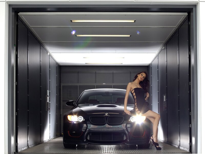 Woman Posing with Car — Black, Dramatic, Photograph, Elevator, White