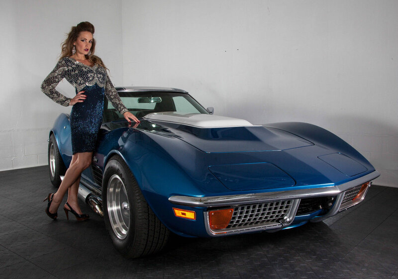 Woman Posing with Car — Blue, Dramatic, Photograph, Dress, Heels