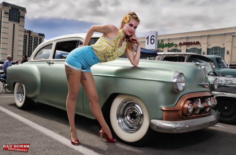 Woman Posing with Car — Green, Dramatic, Afternoon