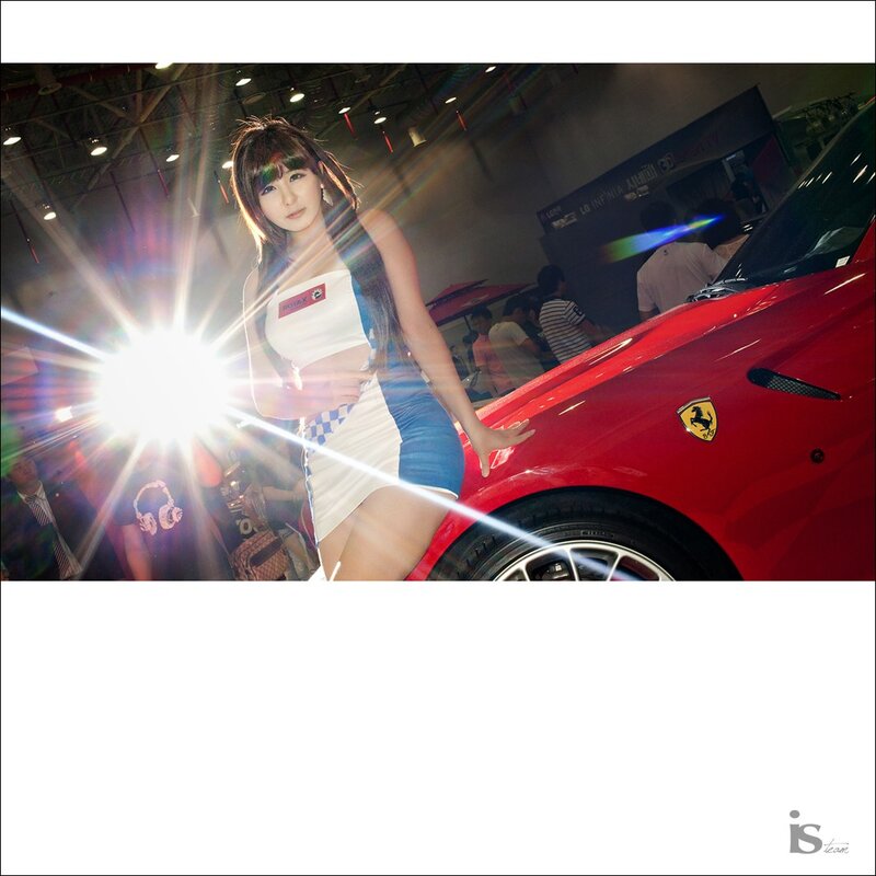 Woman Posing with Car — Red, Dramatic, Photograph, Light Flare