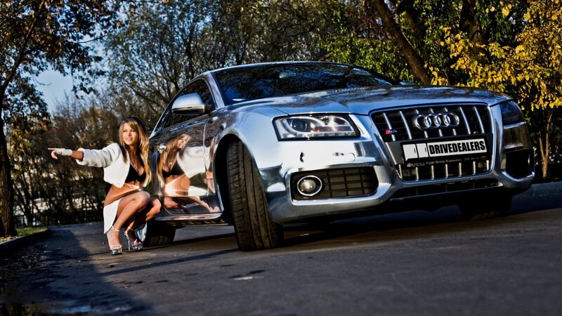 Woman Posing with Car — Silver, Dramatic, Autumn, Photograph, Trees