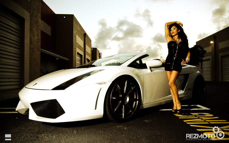 Woman Posing with Car — White, Dramatic, Sunset, Photograph, Building