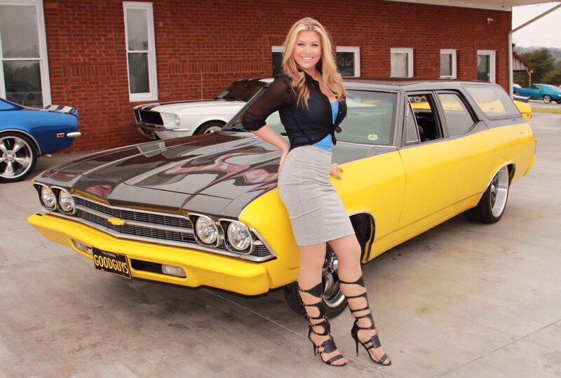 Woman Posing with Car — Yellow, Confident, Afternoon, Photograph