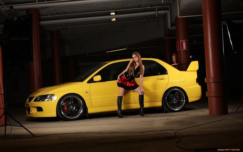 Woman Posing with Car — Yellow, Dramatic, Night, Photograph, Boots