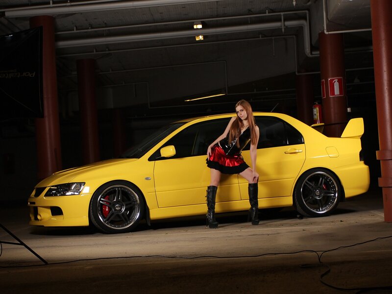 Woman Posing with Car — Yellow, Dramatic, Night