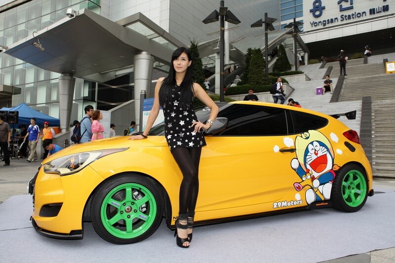 Woman Posing with Car — Yellow, Outdoor