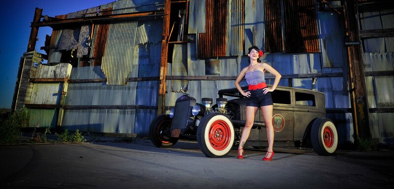 Woman Posing with Hot Rod — Black