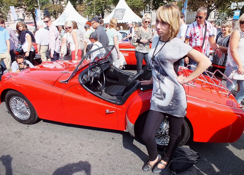 Woman Posing with Red Car — Outdoor