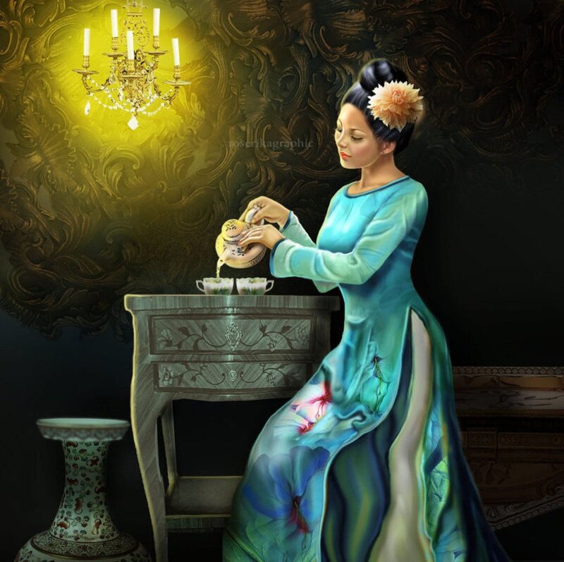 Woman Pouring Tea — Blue