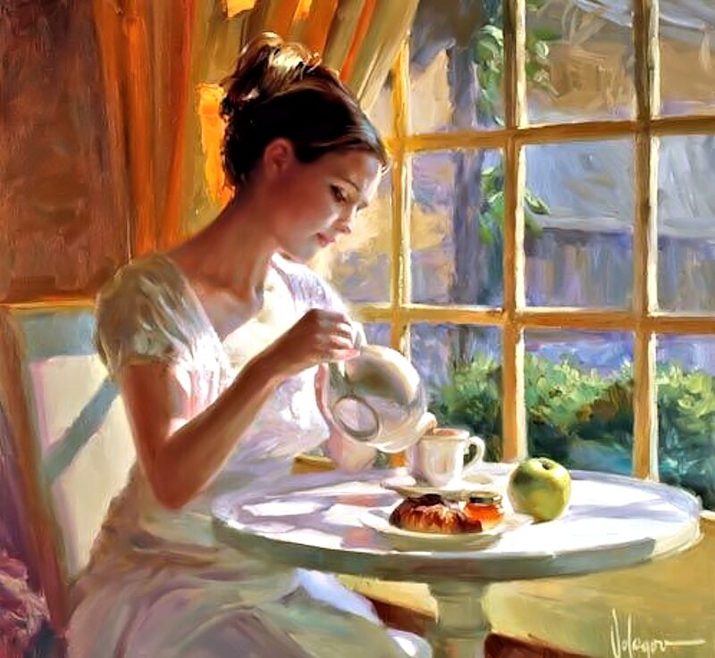 Woman Pouring Tea — White, Serene