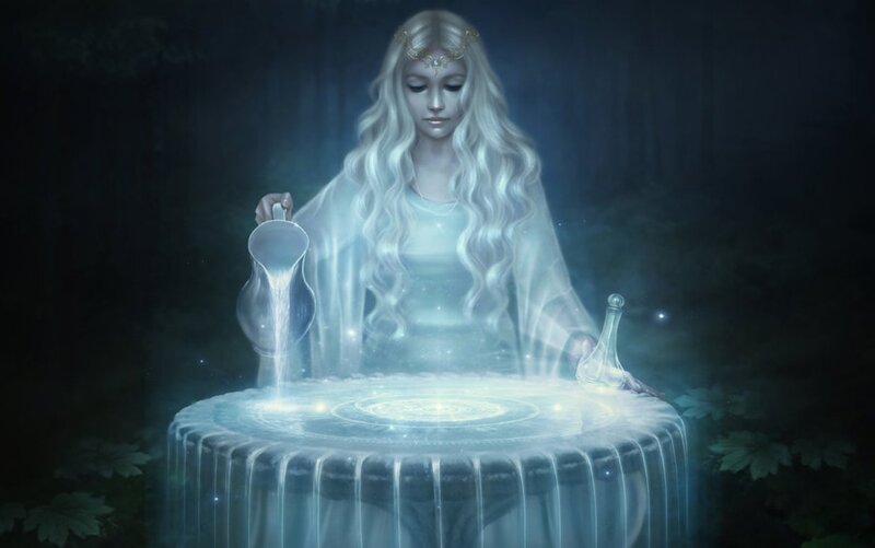 Woman Pouring Water — Blue, Serene, Night, Digital Art, Pitcher