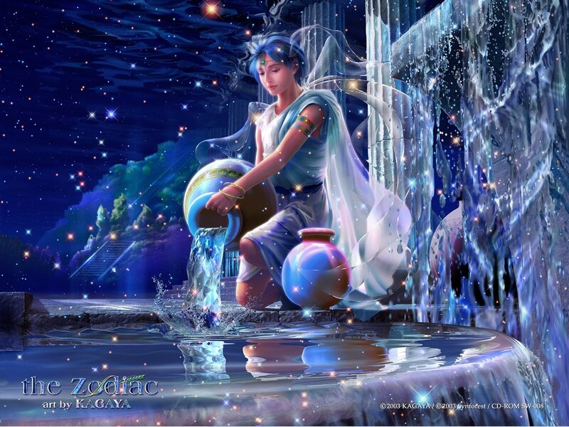 Woman Pouring Water — Blue, Serene, Night, Digital Art, Starry Sky