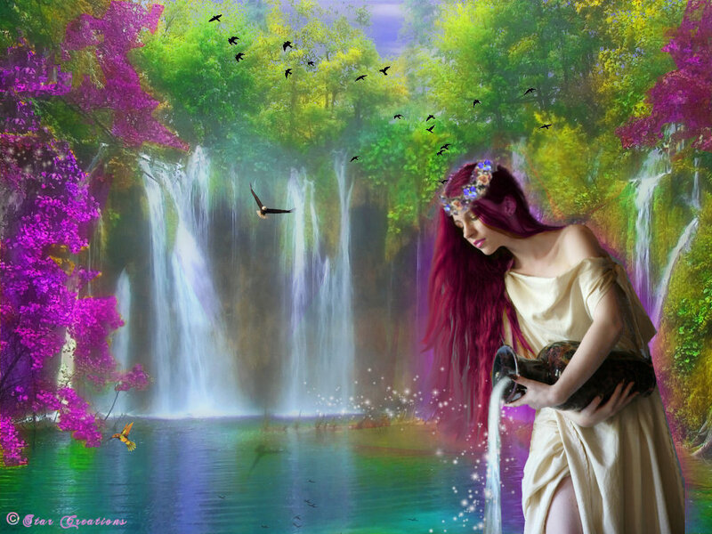 woman pouring water by waterfall