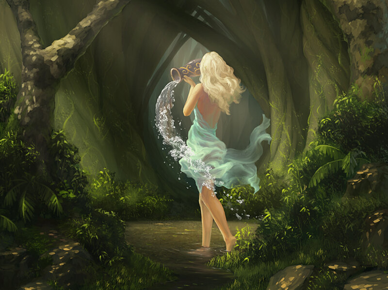 Woman Pouring Water — Green, Serene, Afternoon, Digital Art