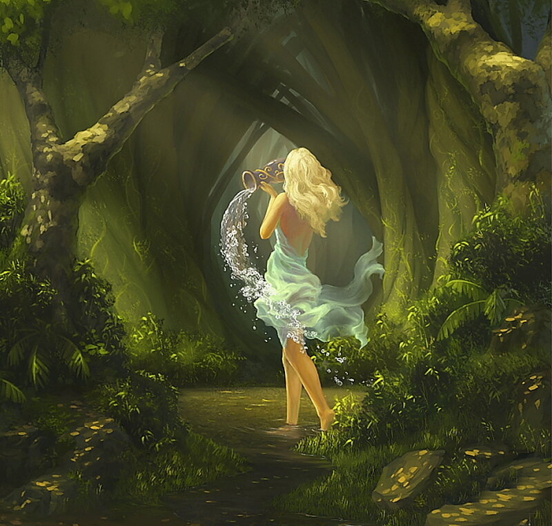 Woman Pouring Water — Green, Serene, Night, Digital Art