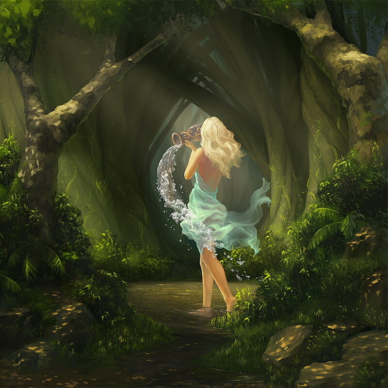 Woman Pouring Water — Green, Serene