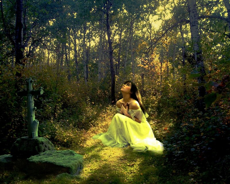 Woman Praying in Forest — Green, Somber