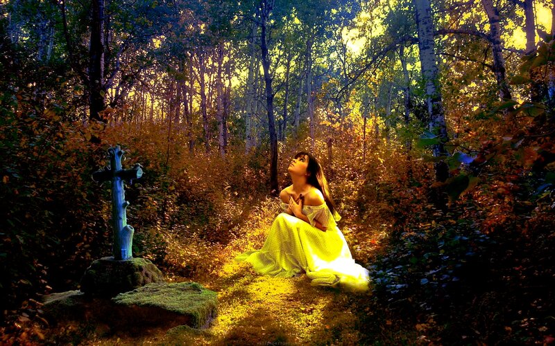 Woman Praying in Forest — Yellow