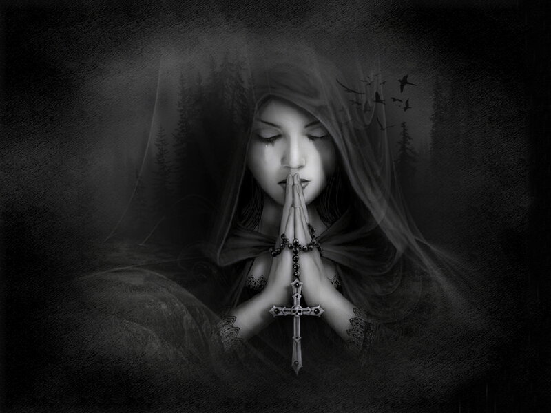 Woman Praying with Rosary — Black