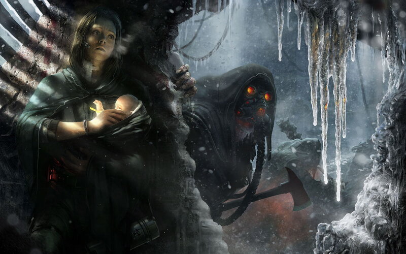 Woman Protecting Child in Ice Cave
