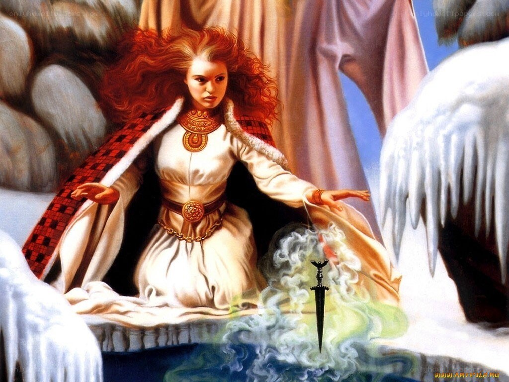 woman pulling sword from stone