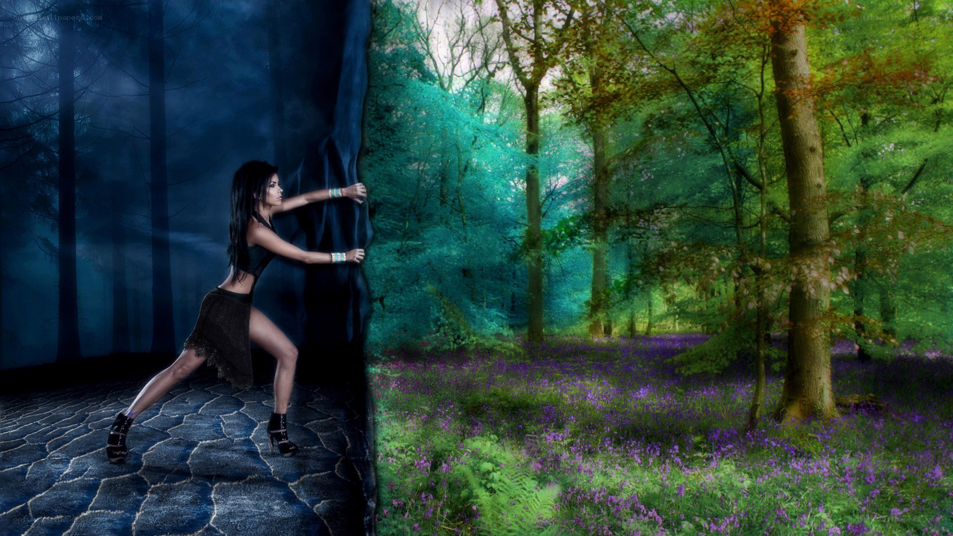 woman pushing a forest barrier