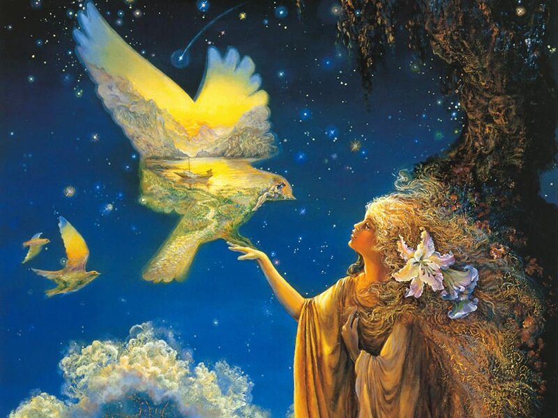 Woman Reaching for Bird — Blue, Serene