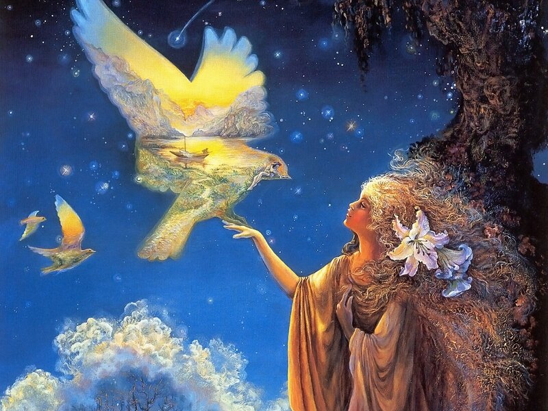 Woman Reaching for Bird — Blue