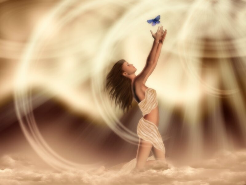 Woman Reaching for Butterfly — Beige