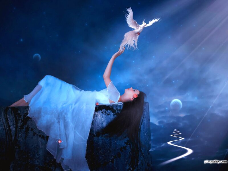 Woman Reaching for Dove — Blue
