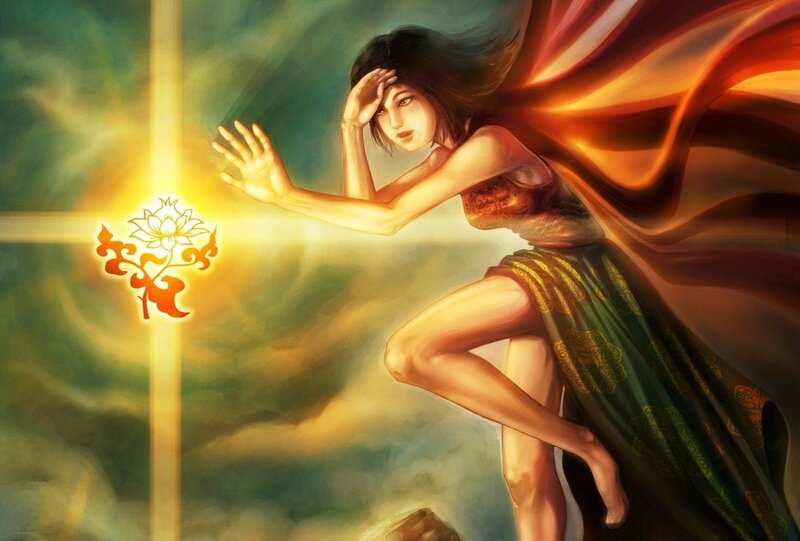 woman reaching for glowing lotus