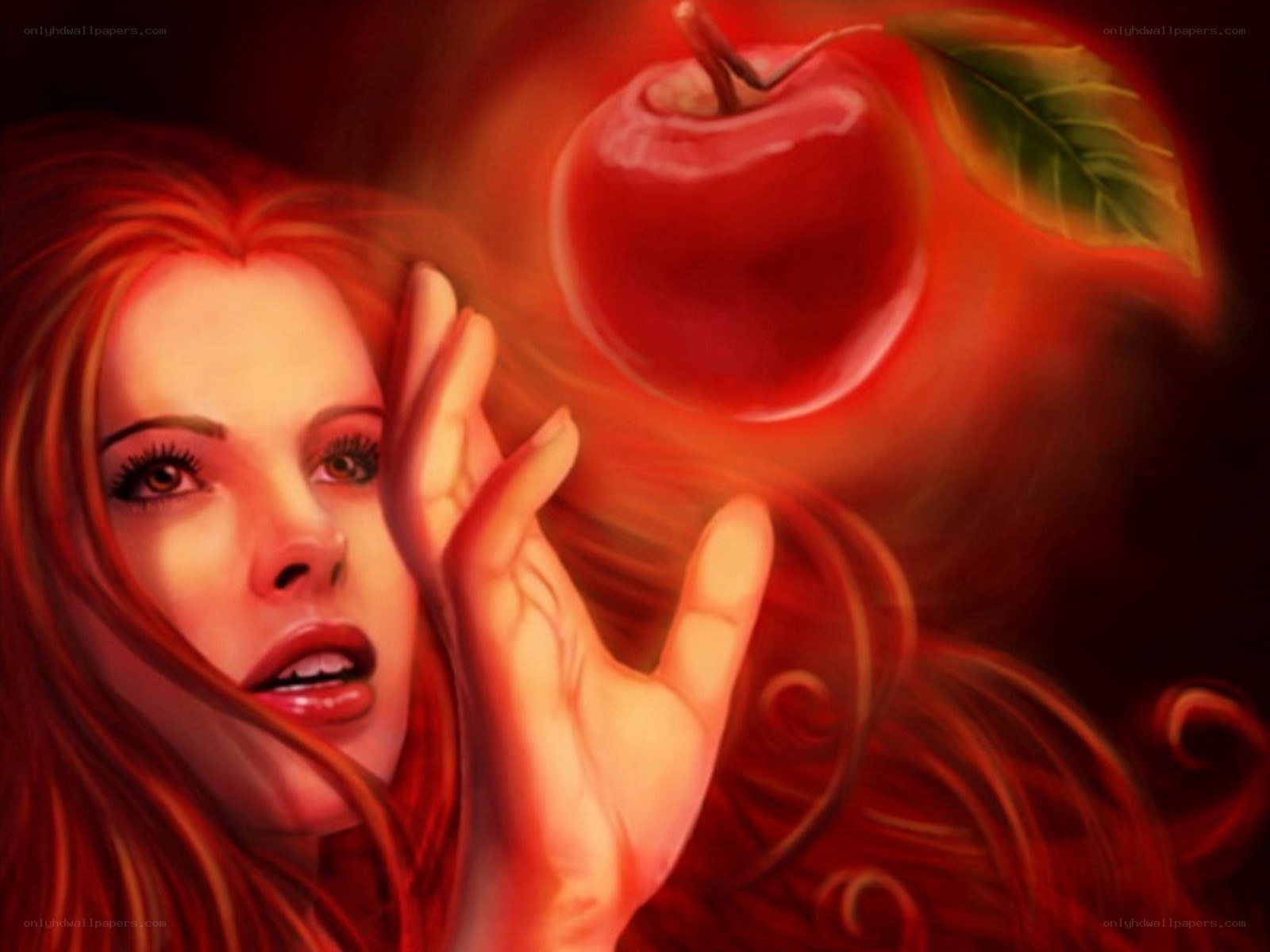 woman reaching for red apple