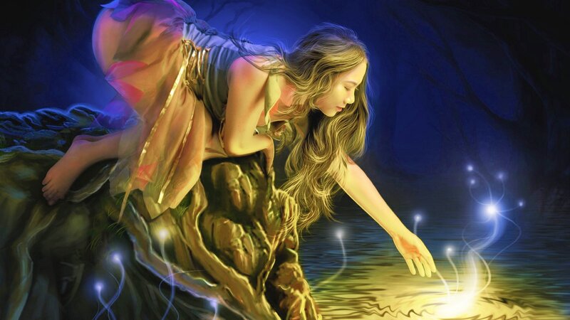 Woman Reaching into Water — Blue