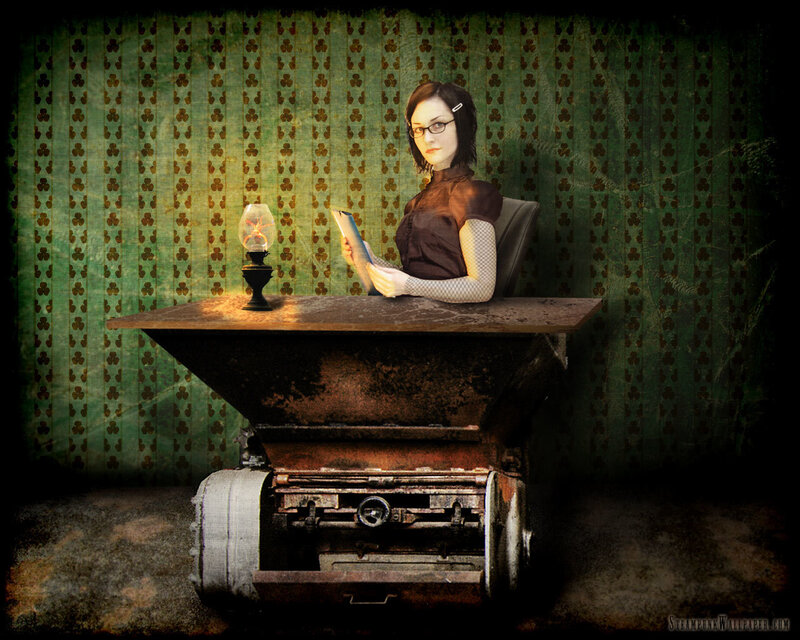 woman reading at a steampunk desk