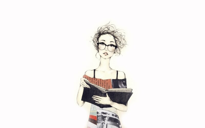 Woman Reading Book — Black, Calm, Illustration